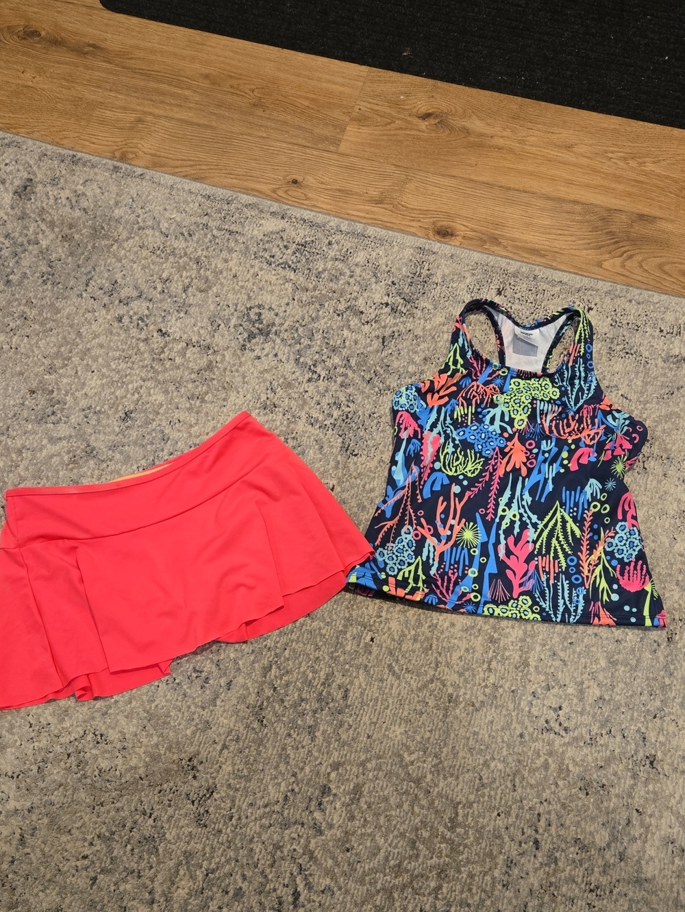 Kids Neon Hot Pink Skirt & Navy Reef Print Tankini Set